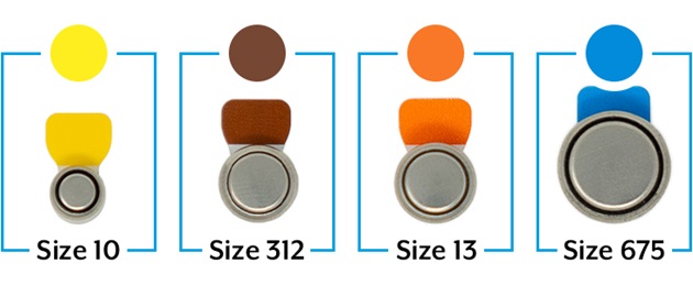 Size 10, Size 312, Size 13, Size 675 Disposable hearing aid batteries